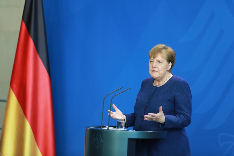 epa08346449 German Chancellor Angela Merkel informs the press about the latest measures of the government in the fight against the coronavirus pandemic, Berlin, Germany, 06 April 2020. Countries around the world are taking increased measures to stem the widespread of the SARS-CoV-2 coronavirus which causes the Covid-19 disease.  EPA/CHRISTIAN MARQUARDT / POOL