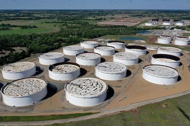 An aerial drone view of a crude oil storage facility in Cushing, Oklahoma. Oil prices rallied prior to the Opec+ meeting as market speculators bet on a global economic recovery in 2021.AFP