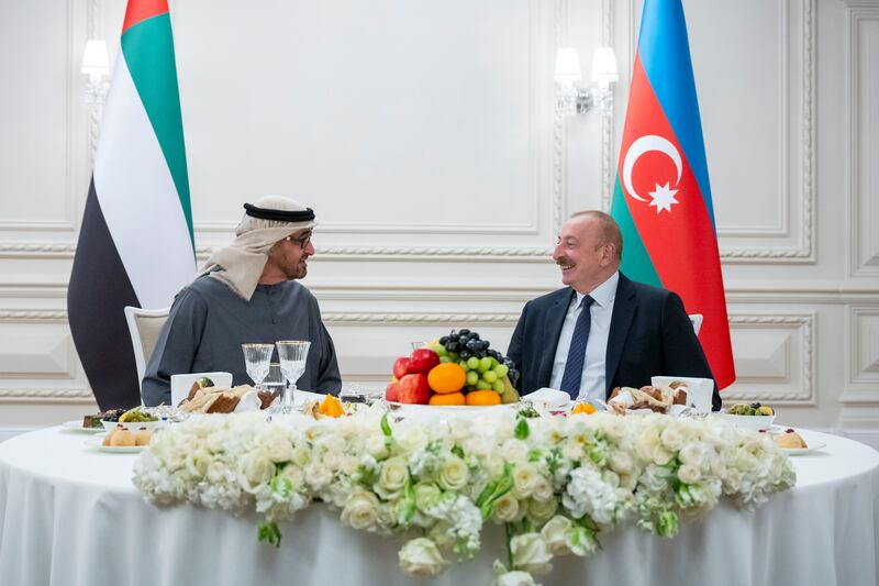 Sheikh Mohamed with Ilham Aliyev, President of Azerbaijan, during a dinner reception