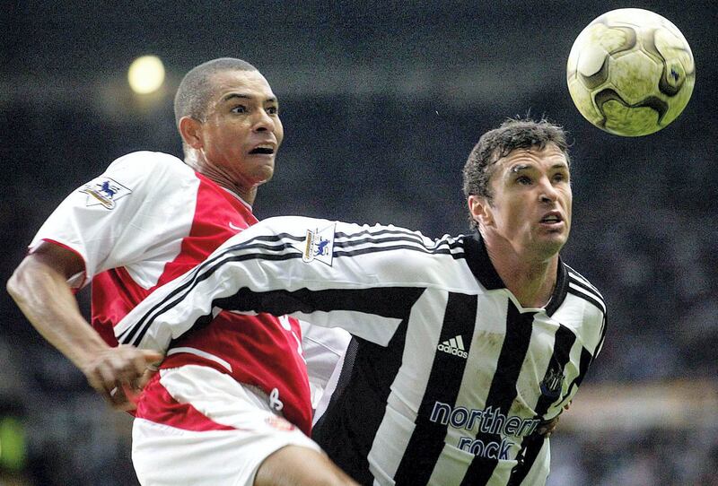 Newcastle United's Gary Speed (right) tackles Arsenal's Gilberto Silva during the Barclaycard Premiership match at Newcastle's St James' Park. Newcastle United drew 0-0 with Arsenal.   THIS PICTURE CAN ONLY BE USED WITHIN THE CONTEXT OF AN EDITORIAL FEATURE. NO WEBSITE/INTERNET USE UNLESS SITE IS REGISTERED WITH FOOTBALL ASSOCIATION PREMIER LEAGUE.   (Photo by Owen Humphreys - PA Images/PA Images via Getty Images)
