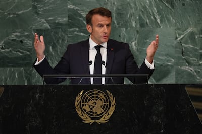 French President Emmanuel Macron addresses the UN General Assembly in New York. Reuters 