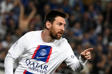Paris Saint-Germain's Argentine forward Lionel Messi celebrates scoring his team's first goal during the French L1 football match between RC Strasbourg Alsace and Paris Saint-Germain (PSG) at Stade de la Meinau in Strasbourg, eastern France on May 27, 2023.  (Photo by Jean-Christophe Verhaegen  /  AFP)