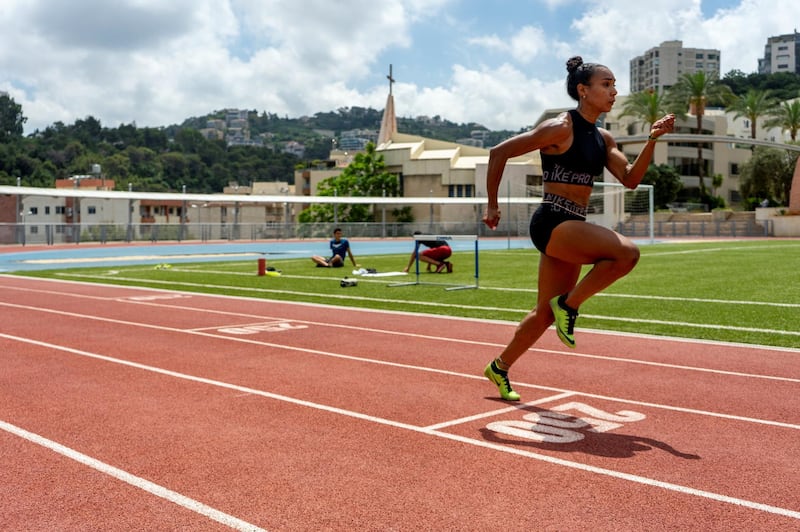 Aziza Sbaity practices her sprint start at Université Antonine, Beirut. (Matt Kynaston)