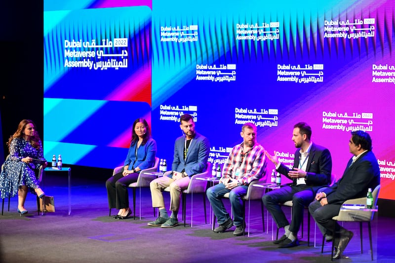 From left, moderator Mina Al-Oraibi, Editor-in-Chief at 'The National', HSBC's Catherine Zhou, Alexander Chehade from Binance, Keith Jordan from Mastercard, DIFC Authority's Christian Kunz and Vinit Shah from the Virtual Assets Regulatory Authority discuss the role of governments in virtual worlds.

