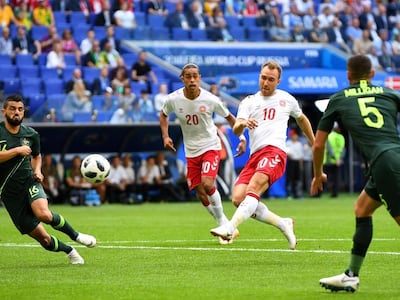 Denmark's Christian Eriksen scores against Australia. Dylan Martinez / Reuters