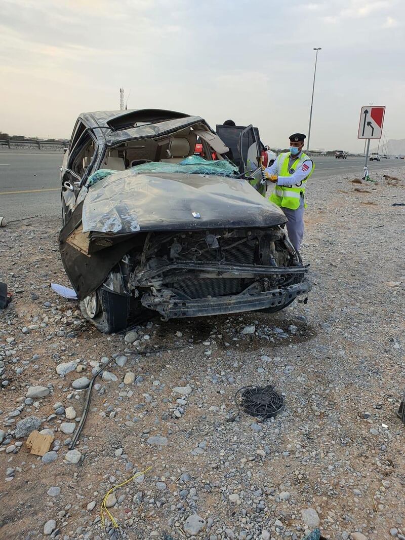 Two Emirati brothers died in a car accident while driving to Ras Al Khaimah on Emirates Road on February 25. Courtesy: RAK Police