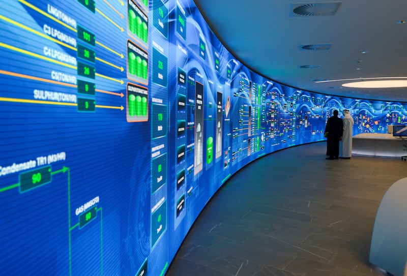 Abu Dhabi, United Arab Emirates - The Panorama Command Centre and Artificial Intelligence space at the ADNOC headquarters, on February 25, 2018. (Khushnum Bhandari/ The National)