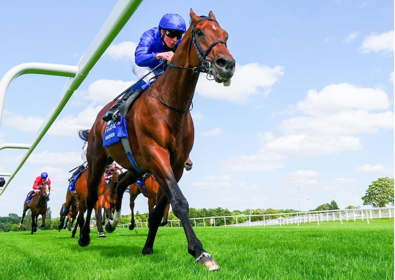 Jockey William Buick rides Ghaiyyath to victory in The Eclipse Stakes at Sandown, south-west of London on July 5, 2020.   / AFP / POOL / Mark Cranham
