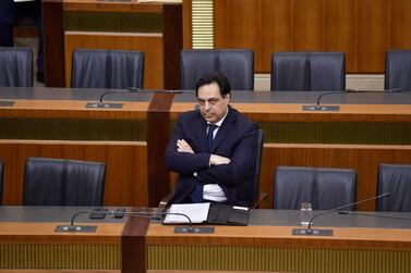 Lebanese Prime Minister Hassan Diab attends the 2020 discussion budget session at the parliament, in Beirut. AP