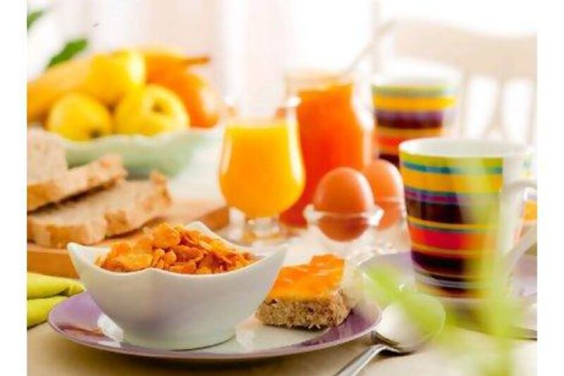 A hearty breakfast with eggs for protein, cereal and bread for fibre and a piece of fruit should curb the temptation to snack later.
