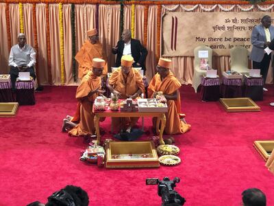 The foundation ceremony of the first traditional Hindu temple in the UAE is performed in the holy presence of His Holiness Mahant Swami Maharaj, the spiritual leader of BAPS Swaminarayan Sanstha. 