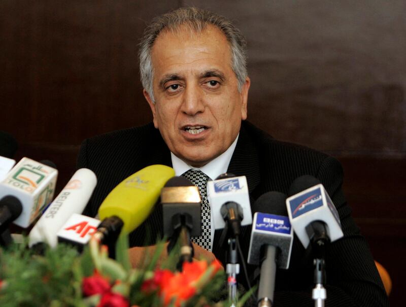 FILE - This March 2009, file photo, shows Zalmay Khalilzad, special adviser on reconciliation in Kabul, Afghanistan. Zalmay Khalilzad, Washingtonâ€™s newly named point man, tasked with finding a peaceful end to Afghanistanâ€™s 17- year war, is in Pakistan to seek the new governmentâ€™s help pushing the Taliban to the table, according to a U.S. Embassy statement Tuesday, Oct. 9, 2018. (AP Photo/Rafiq Maqbool, File)