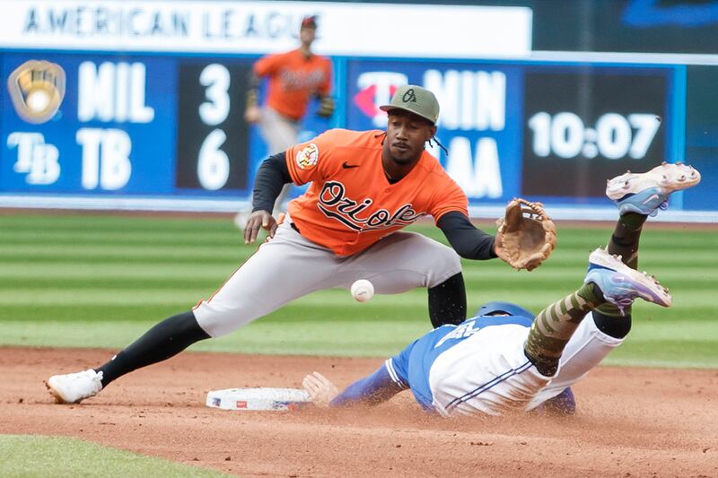 Toronto Blue Jays' George Springer (4) steals the second base as Baltimore Orioles shortstop Jorge Mateo (3) waits for the throw in the seventh inning of a baseball game in Toronto. AP Photo