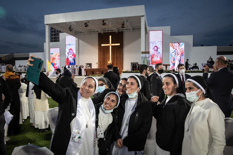 Nuns take a selfie after the completion of a mass conducted by Pope Francis. Getty Images
