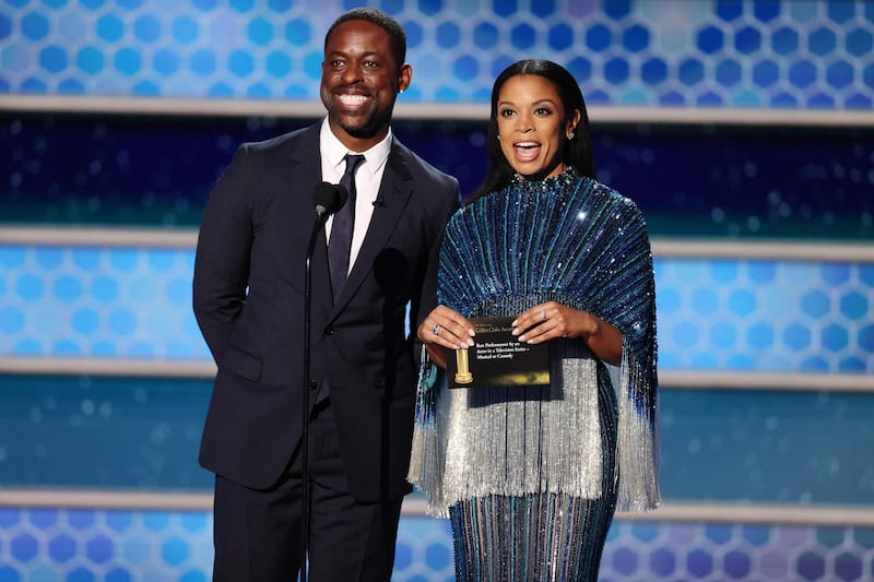 Sterling K Brown and Susan Kelechi Watson onstage during the 78th annual Golden Globe Awards ceremony in Beverly Hills, California on February 28, 2021. AFP