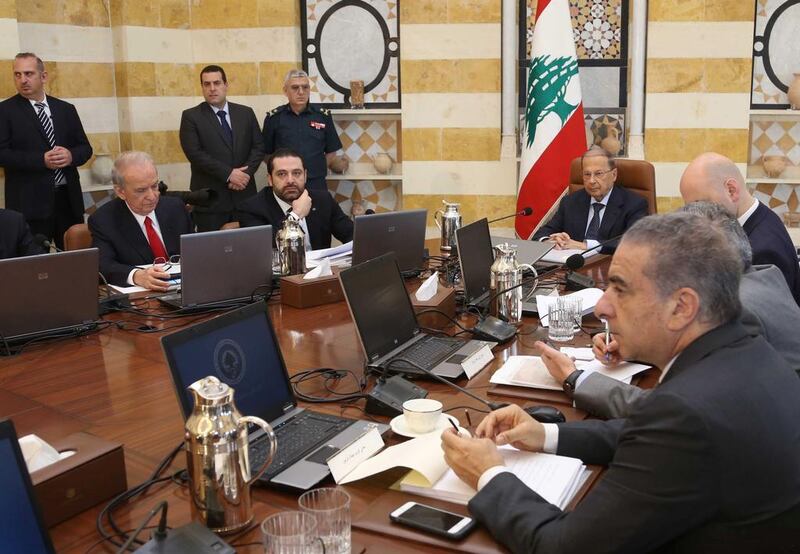 Lebanese president Michel Aoun and prime minister Saad Hariri attending a cabinet meeting at the presidential palace of Baabda, east of Beirut, on June 14, 2017. Lebanon's government announced the new election law after a cabinet session, ending months of tense discussions and paving the way for the first parliamentary elections in nine years. Dalati and Nohra/AFP