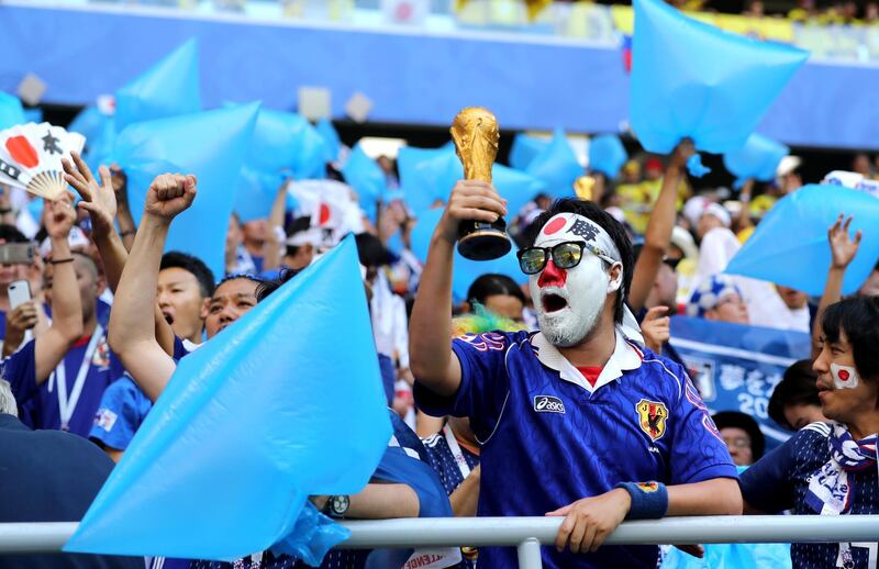 SARANSK, RUSSIA - JUNE 19:  Japan fans enjoy the pre match atmosphere prior to the 2018 FIFA World Cup Russia group H match between Colombia and Japan at Mordovia Arena on June 19, 2018 in Saransk, Russia.  (Photo by Elsa/Getty Images)