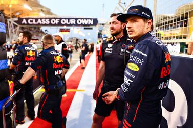 BAHRAIN, BAHRAIN - MARCH 20: Max Verstappen of the Netherlands and Oracle Red Bull Racing prepares to drive on the grid during the F1 Grand Prix of Bahrain at Bahrain International Circuit on March 20, 2022 in Bahrain, Bahrain. (Photo by Mark Thompson / Getty Images)