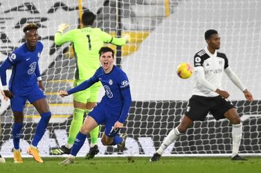 Chelsea's Mason Mount, centre, celebrates after scoring his side's opening goal during the English Premier League soccer match between Fulham and Chelsea at Craven Cottage in London, England, Saturday, Jan. 16, 2021. (Mike Hewitt/Pool via AP)