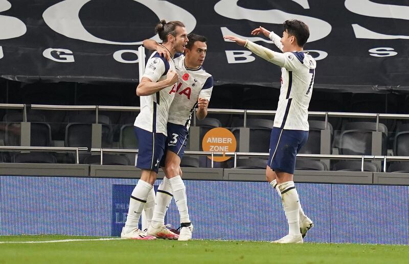 Tottenham Hotspur's Gareth Bale celebrates scoring their second goal with teammates. Reuters