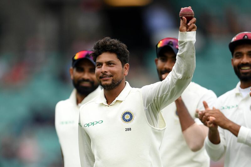 India's Kuldeep Yadav holds the ball up after taking five wickets for the innings, on day four of the fourth test match between Australia and India at the SCG in Sydney, Australia, January 6, 2019. AAP/Dan Himbrechts/via REUTERS  ATTENTION EDITORS - THIS IMAGE WAS PROVIDED BY A THIRD PARTY. NO RESALES. NO ARCHIVE. AUSTRALIA OUT. NEW ZEALAND OUT.