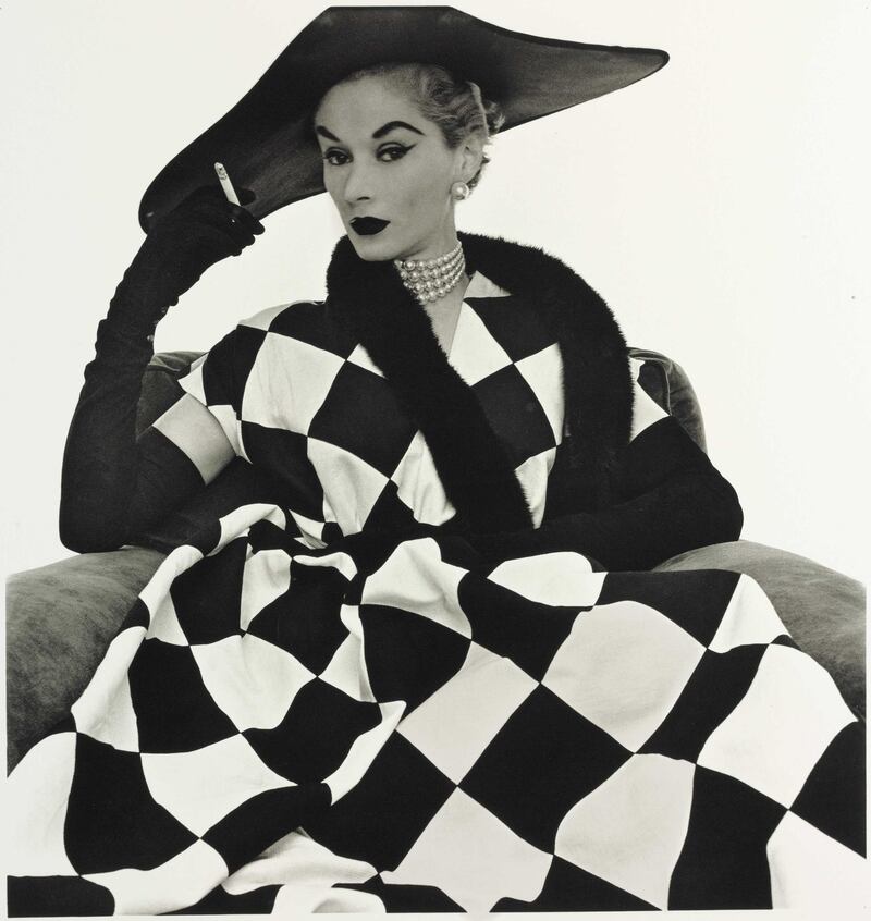 Irving Penn
Harlequin Dress (Lisa Fonssagrives-Penn), New York 1950
Platinum-palladium print. Printed in 1979
Unframed image size: 50x47.7cm
© Condé Nast