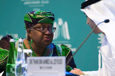 World Trade Organisation director general Ngozi Okonjo-Iweala with UAE Minister of State for Foreign Trade Dr Thani Al Zeyoudi at the WTO Ministerial Conference in Abu Dhabi. AP