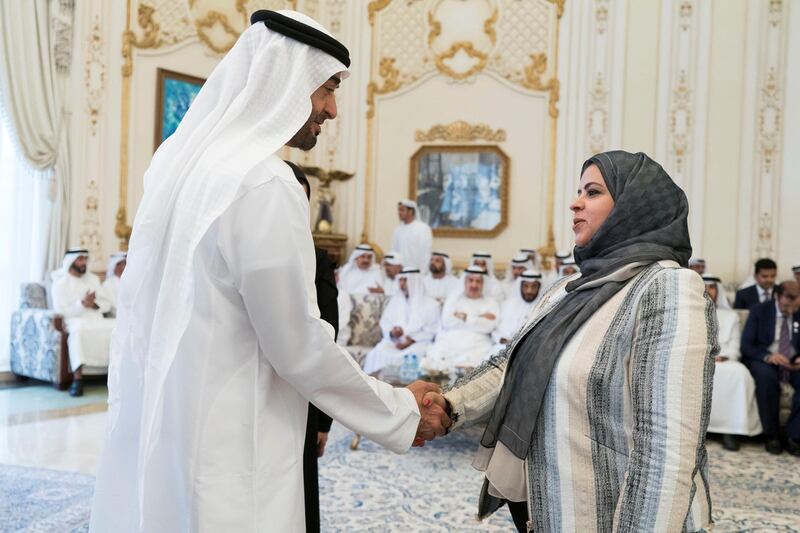 ABU DHABI, UNITED ARAB EMIRATES - October 07, 2019: HH Sheikh Mohamed bin Zayed Al Nahyan, Crown Prince of Abu Dhabi and Deputy Supreme Commander of the UAE Armed Forces (L), receives a member of the Arab Parliament (R), during a Sea Palace barza. 

( Rashed Al Mansoori / Ministry of Presidential Affairs )
---