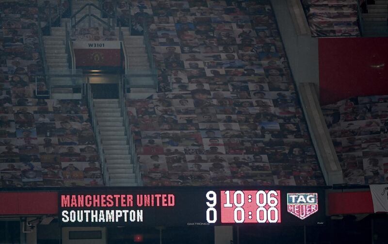 The scoreboard at Old Trafford after Manchester United had thrashed Southampton in the Premier League game on Tuesday, November 2. Getty