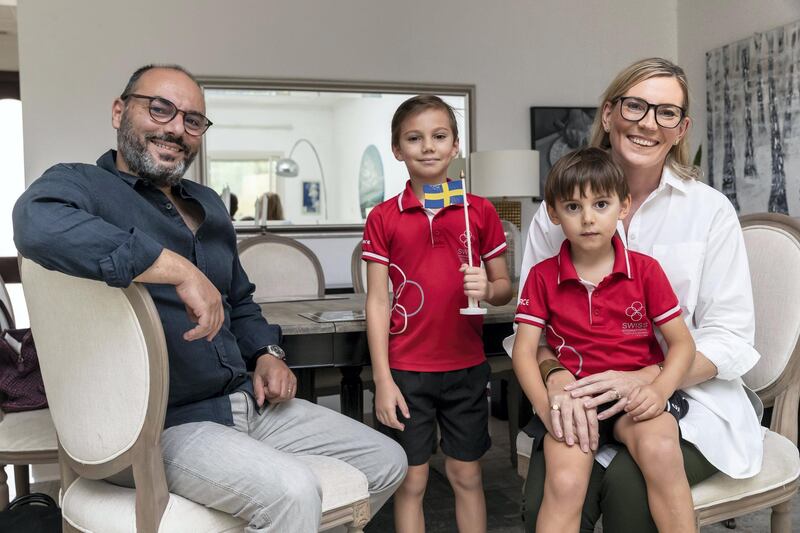 Are Europeans travelling home or are they deciding against it this summer given the raft of reasons not to travel with e current COVID -19 travel restrictions. Swedish family Marie-Louise & Rabih Mahfouz with their two sons Alex & Victor at their home in Dubai on June 15th, 2021. 
Antonie Robertson / The National.
Reporter: Kelly Clarke for National