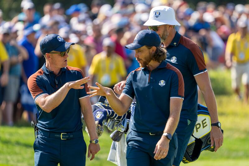 Europe Ryder Cup captain Luke Donald, left, talks to Tommy Fleetwood during this year's tournament in Italy. Both Englishmen have signed-up for the 2024 Dubai Invitational. USA TODAY Sports