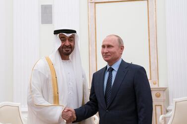 Russian President Vladimir Putin meets with Sheikh Mohamed bin Zayed, Crown Prince of Abu Dhabi and Deputy Supreme Commander of the Armed Forces, at the Kremlin in June, 2018.  