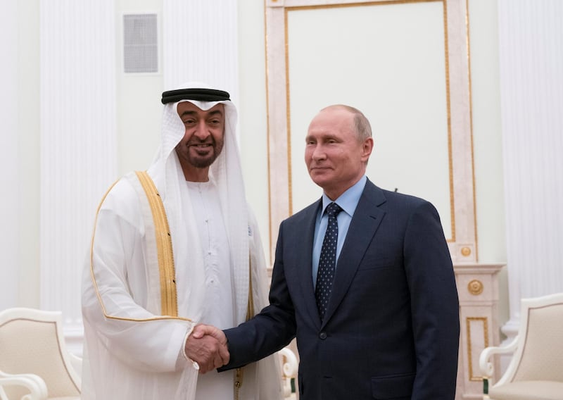MOSCOW, RUSSIA - June 01, 2018: HH Sheikh Mohamed bin Zayed Al Nahyan, Crown Prince of Abu Dhabi and Deputy Supreme Commander of the UAE Armed Forces (L), stands for a photograph with HE Vladimir Putin Vladimirovich, President of Russia (R), at the Kremlin Palace.

( Mohamed Al Hammadi / Crown Prince Court - Abu Dhabi )
---