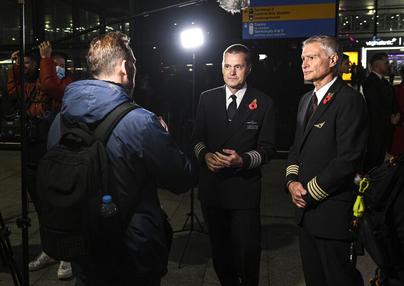 Pilots are interviewed at Heathrow as British Airways and Virgin Atlantic prepare for the synchronised departure on parallel runways