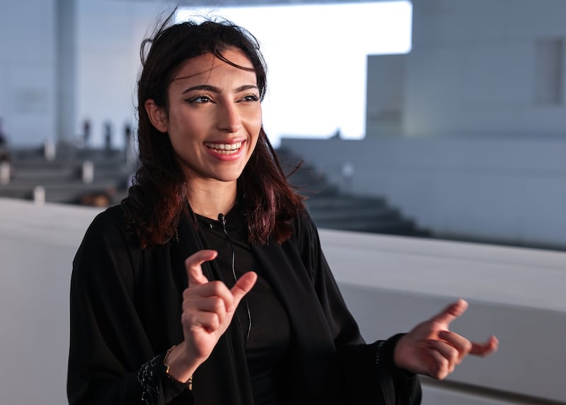 Amna Al Qubaisi during an interview at the Abu Dhabi Grand Prix event at the Louvre.