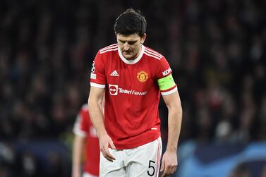 Manchester United's Harry Maguire reacts during the UEFA Champions League round of 16, second leg soccer match between Manchester United and Atletico Madrid in Manchester, Britain, 15 March 2022.   EPA / PETER POWELL