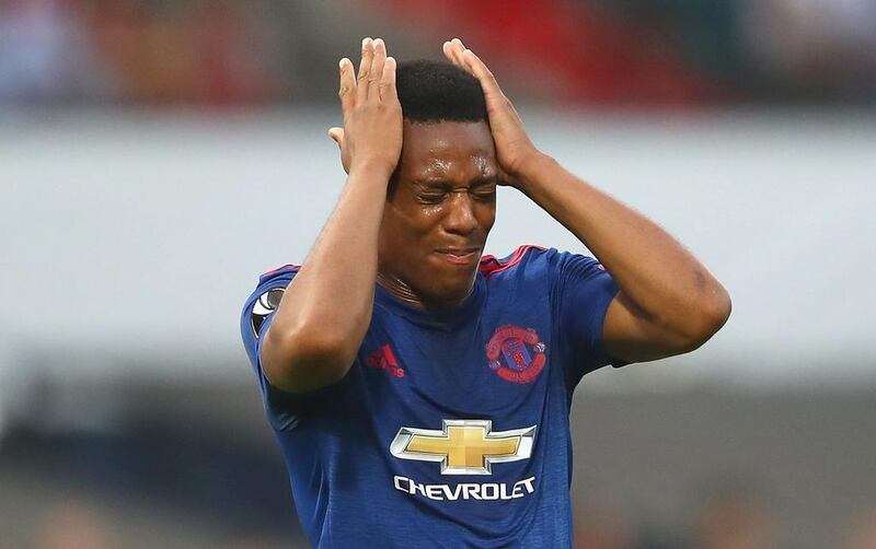 Anthony Martial of Manchester United reacts after a missed chance during the Europa League Group A match against Feyenoord. Dean Mouhtaropoulos / Getty Images