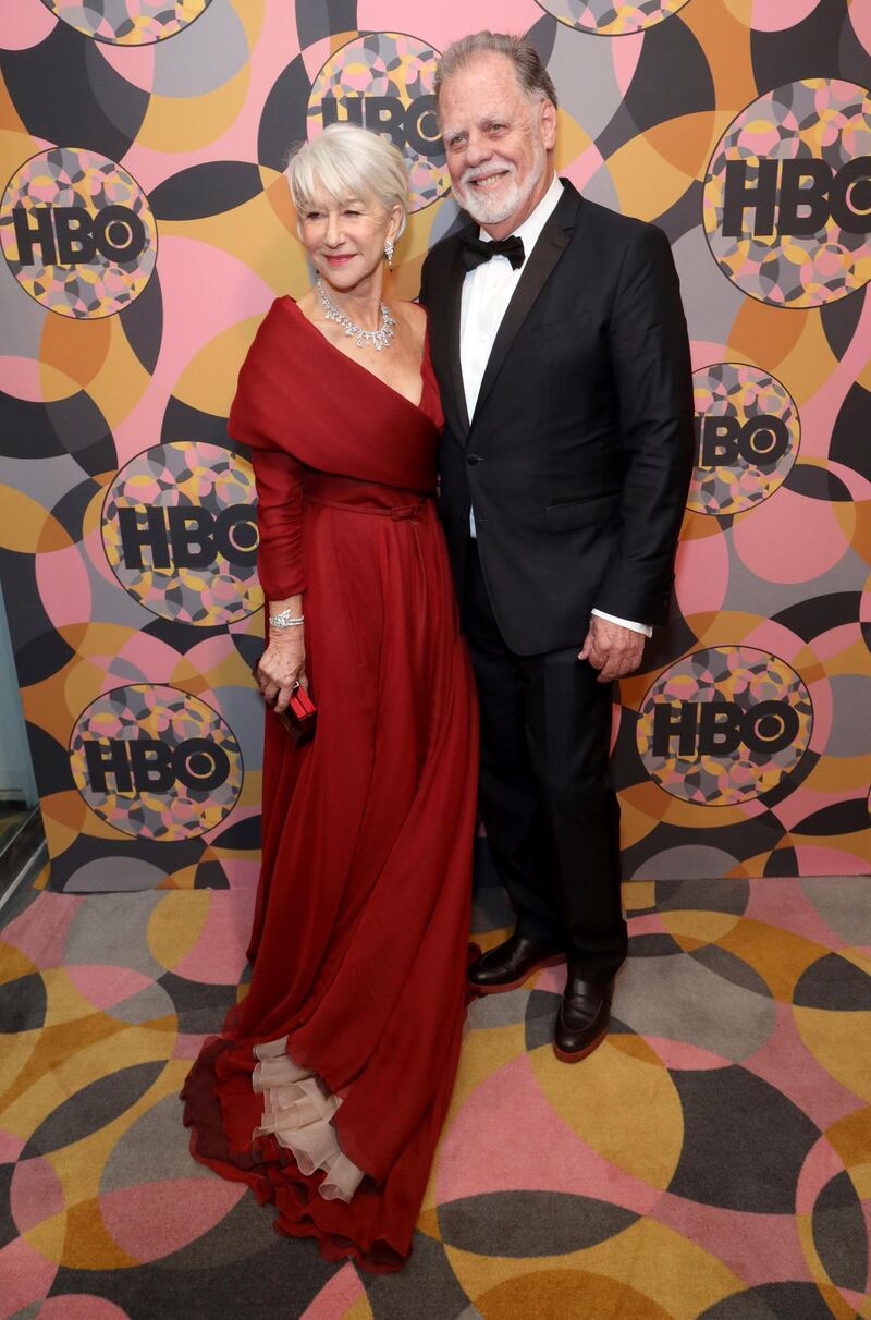 Helen Mirren, left, and Taylor Hackford arrive at the HBO Golden Globes afterparty at the Beverly Hilton Hotel on January 5, 2020. AP