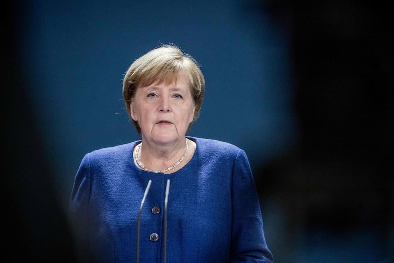 German Chancellor Angela Merkel gives a statement on the outcome of the presidential election in the United States of America, on November 9, 2020 in Berlin. / AFP / POOL / Michael Kappeler
