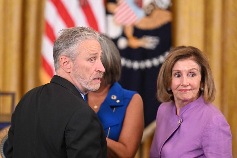 Stewart and US House Speaker Nancy Pelosi at the ceremony. AFP