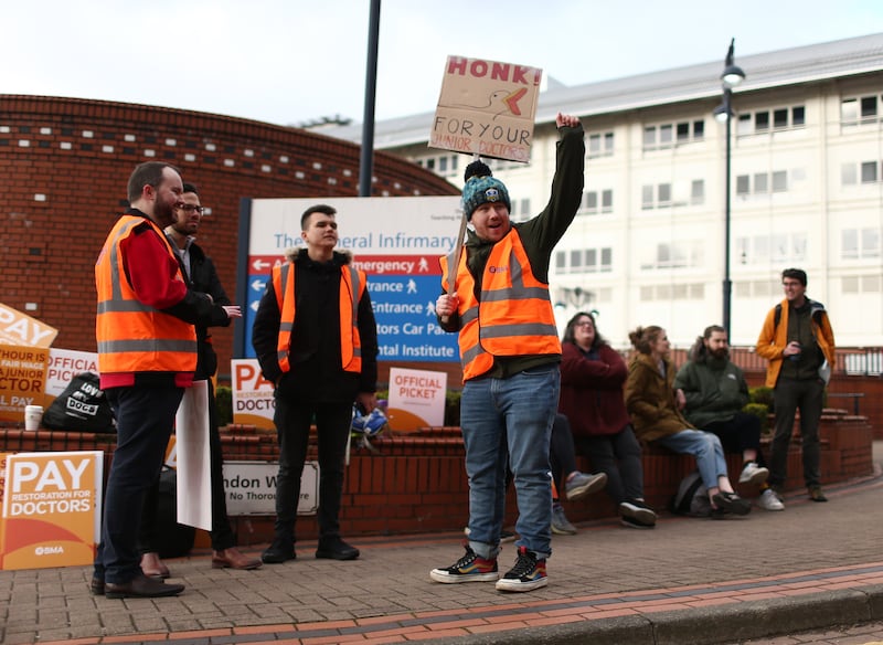 Junior doctors on a protest outside Leeds General Infirmary. EPA