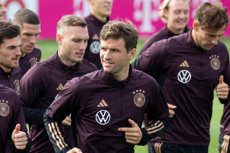 Germany forward Thomas Muller, centre, looks on during a training session at the DFB campus in Frankfurt, western Germany, on September 20, 2022. Germany are preparing ahead of the Uefa Nations League match against Hungary on Friday. They face England on Monday. AFP