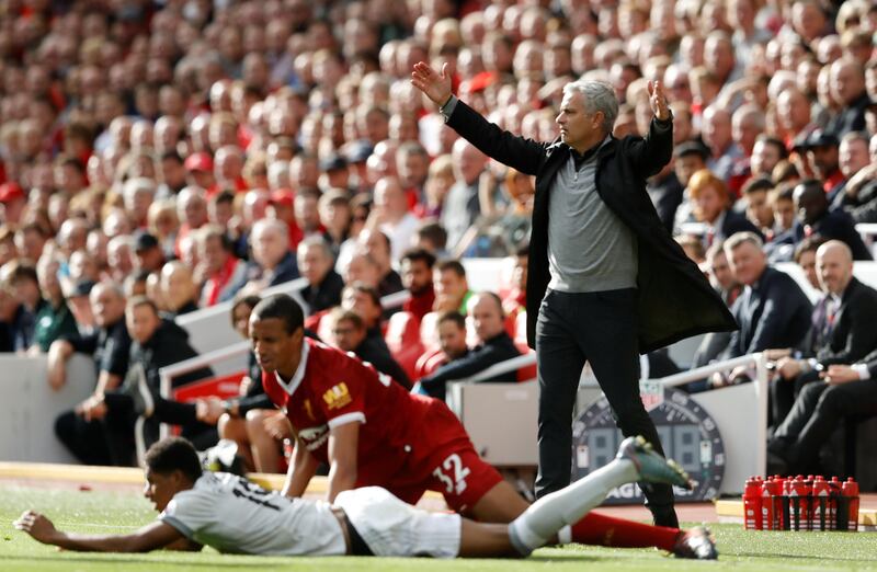 Soccer Football - Premier League - Liverpool vs Manchester United - Anfield, Liverpool, Britain - October 14, 2017   Manchester United manager Jose Mourinho reacts as Marcus Rashford and Liverpool's Joel Matip are  down   Action Images via Reuters/Carl Recine    EDITORIAL USE ONLY. No use with unauthorized audio, video, data, fixture lists, club/league logos or "live" services. Online in-match use limited to 75 images, no video emulation. No use in betting, games or single club/league/player publications. Please contact your account representative for further details.