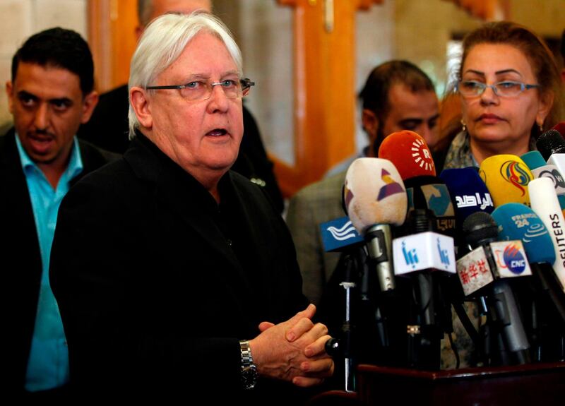 The United Nations Special Envoy to Yemen Martin Griffiths speaks to the press upon his arrival at Sanaa international airport on March 24, 2018. / AFP PHOTO / MOHAMMED HUWAIS