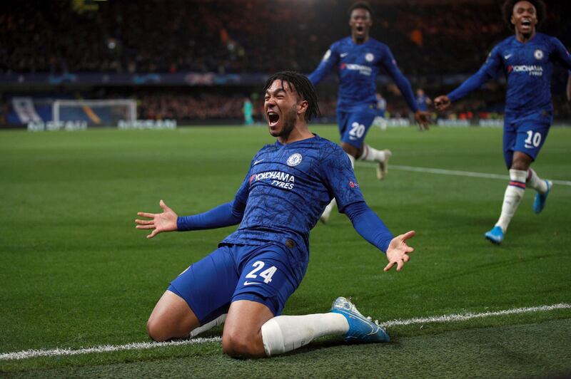 Chelsea's Reece James celebrates after scoring his side's fourth goal during the Champions League, group H, soccer match between Chelsea and Ajax, at Stamford Bridge in London, Tuesday, Nov. 5, 2019. (AP Photo/Ian Walton)