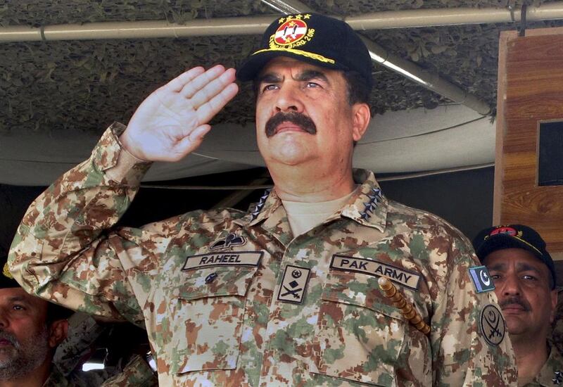 Former Pakistani army chief General Raheel Sharif salutes during a military exercise in Khairpur Tamiwali, Pakistan, on November 16, 2016. Muhammad Yousuf / AP Photo
