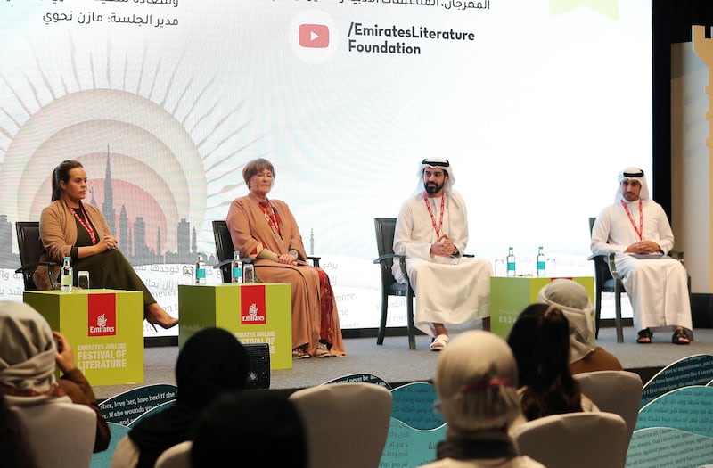 From left, Tiffany Delport, co-chief executive of Environmental Operations and Educational Partnerships – Mena; Isobel Abulhoul, co-founder of Magrudy’s bookshop chain; Saeed Al Nazari, Director General of the Federal Youth Authority and Abdulla Ahmad Al Shaikh, Head of the Diplomatic and Consular Affairs at Dubai Police, during the session on ‘Careers of the Future’.