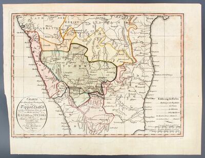 Lot 38, Map of the Lands of Tipoo Saheb immediately following the 4th Anglo Mysore War, Captain Colin Mackenzie, 1799. Courtesy Prinseps