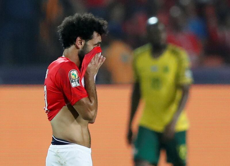 Mohamed Salah reacts after Thembinkosi Lorch scores South Africa's first goal. Reuters
