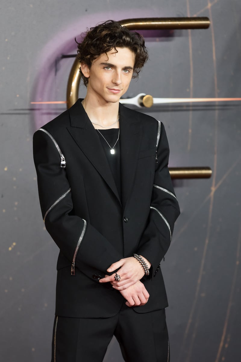 Chalamet wore an Alexander McQueen suit embellished with silver zipper details. EPA